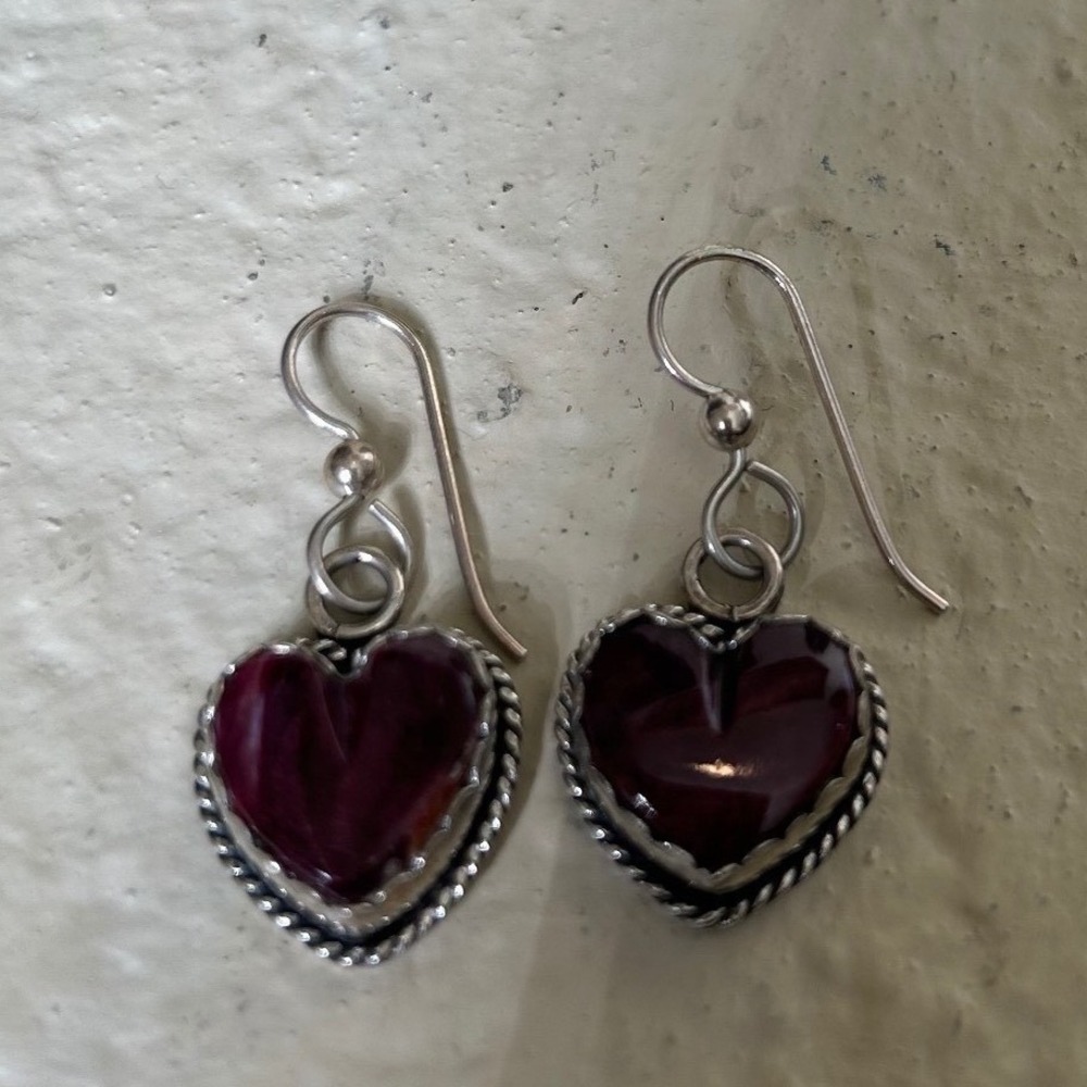 Joan Slifka Sterling Silver Plum Carved Heart Dangle Earrings Signed Hallmarked - Picture 9 of 10
